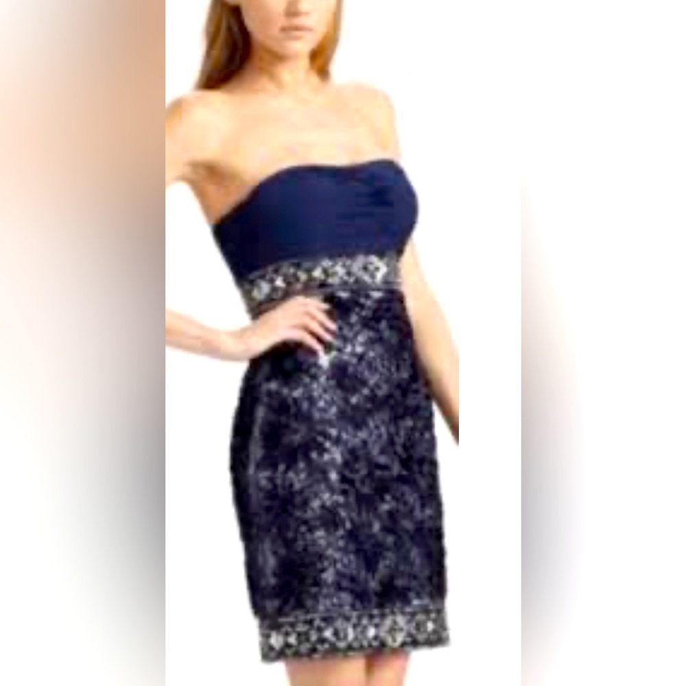 SUE WONG Blue Embellished and Embroidered Ribbon Floral Strapless Dress - Picture 1 of 11